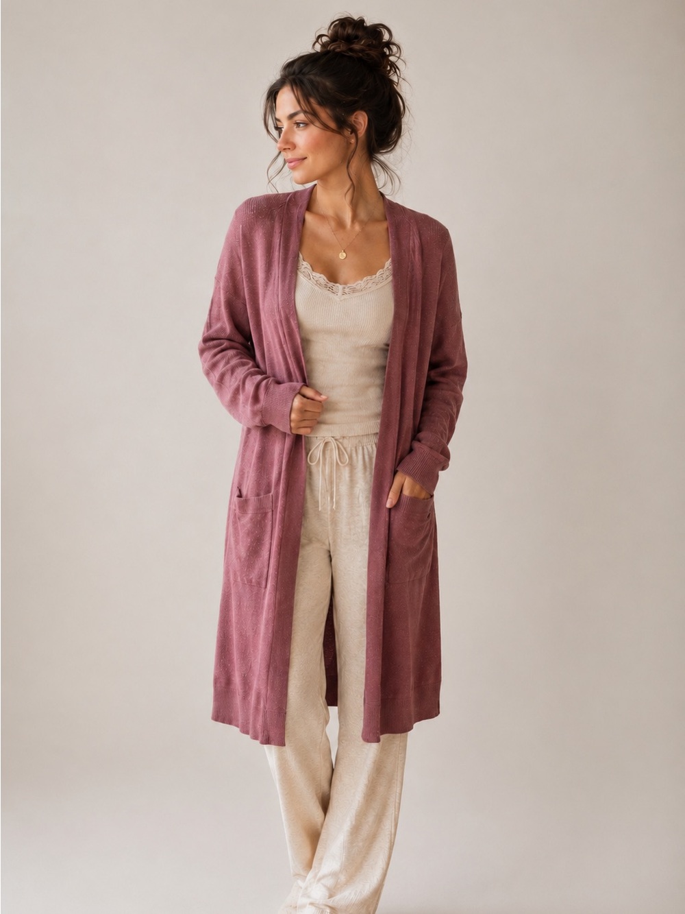 Love Tree Dusty Rose Long Open-Front Cardigan